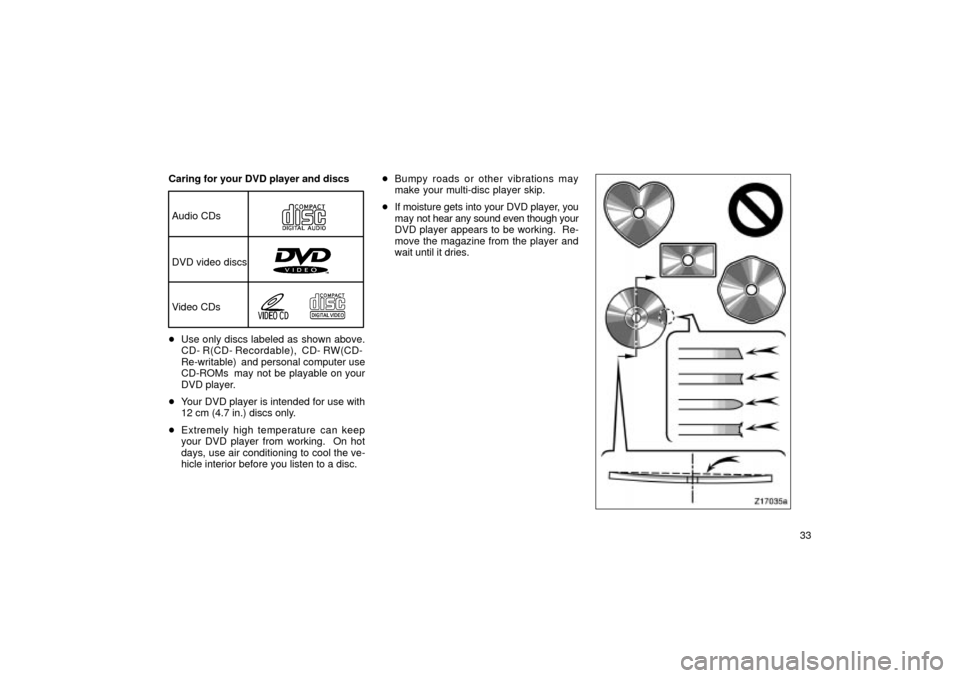 TOYOTA LAND CRUISER 2002 J100 Navigation Manual 33
Caring for your DVD player and discs
Audio CDs
DVD video discs
Video CDs

Use only discs labeled as shown above.
CD- R(CD- Recordable), CD- RW(CD-
Re-writable)  and personal computer use
CD-ROMs  
