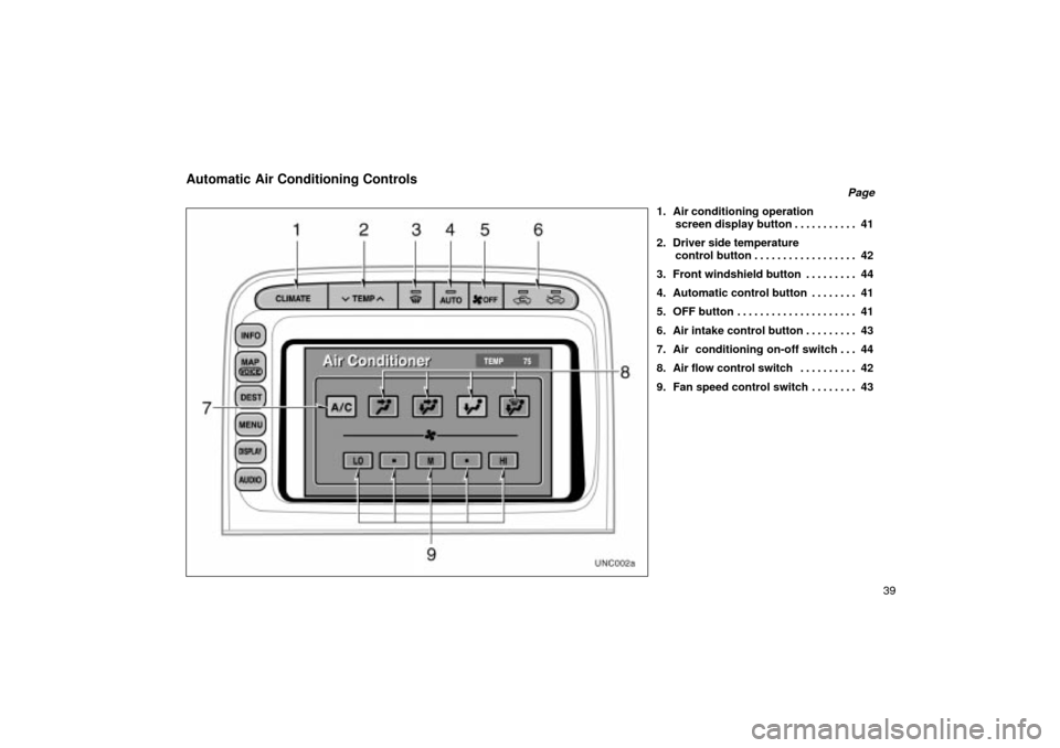 TOYOTA LAND CRUISER 2002 J100 Navigation Manual 39
Automatic Air Conditioning Controls
Page
1. Air conditioning operationscreen display button 41 . . . . . . . . . . . 
2. Driver side temperature  control button 42 . . . . . . . . . . . . . . . . .