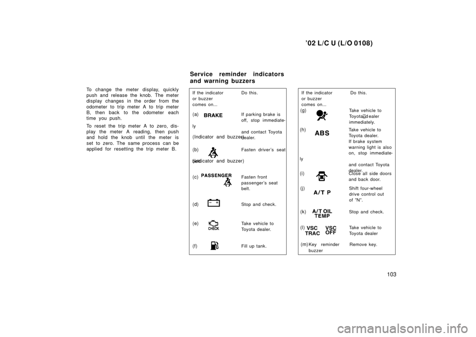 TOYOTA LAND CRUISER 2002 J100 Owners Manual ’02 L/C U (L/O 0108)
103
To change the meter display, quickly
push and release the knob. The meter
display changes in the order from the
odometer to trip meter A to trip meter
B, then back to the od