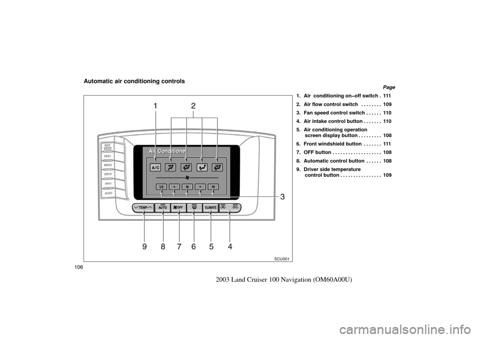 TOYOTA LAND CRUISER 2003 J100 Navigation Manual 106
2003 Land Cruiser 100 Navigation (OM60A00U)
Automatic air conditioning controls
Page
1. Air  conditioning on�off switch 111 . 
2. Air flow control switch 109 . . . . . . . . 
3. Fan speed control 