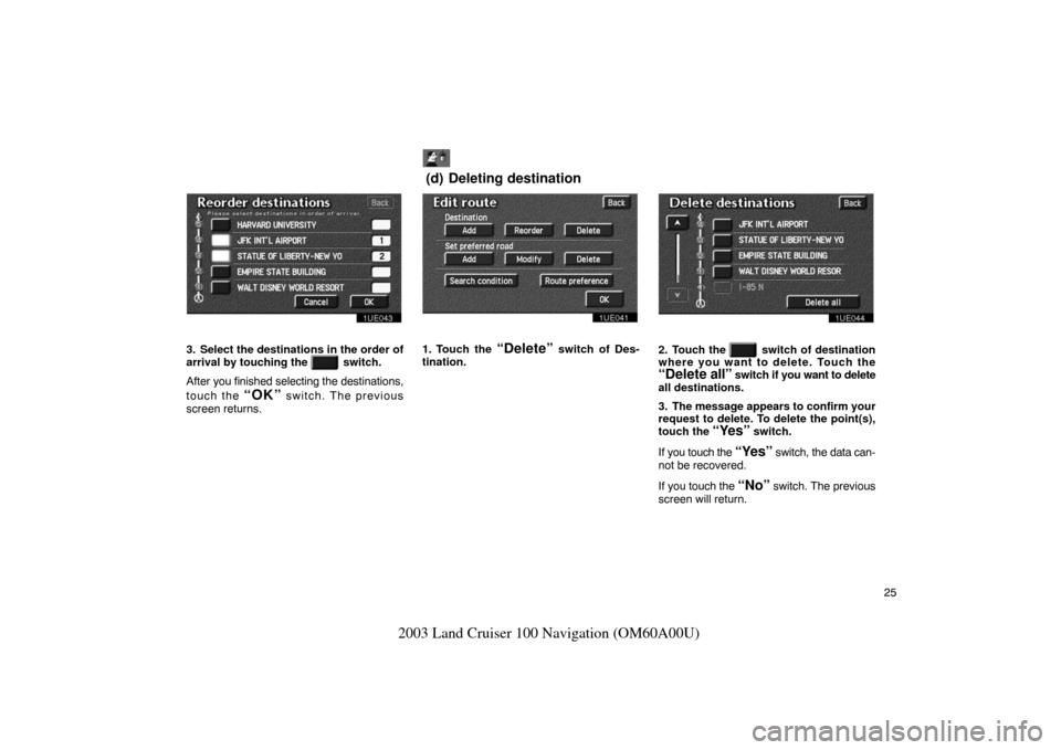 TOYOTA LAND CRUISER 2003 J100 Navigation Manual 25
2003 Land Cruiser 100 Navigation (OM60A00U)
1UE043
3. Select the destinations in the order of
arrival by touching the 
   switch.
After  you finished selecting  the destinations,
touch the 
“OK�