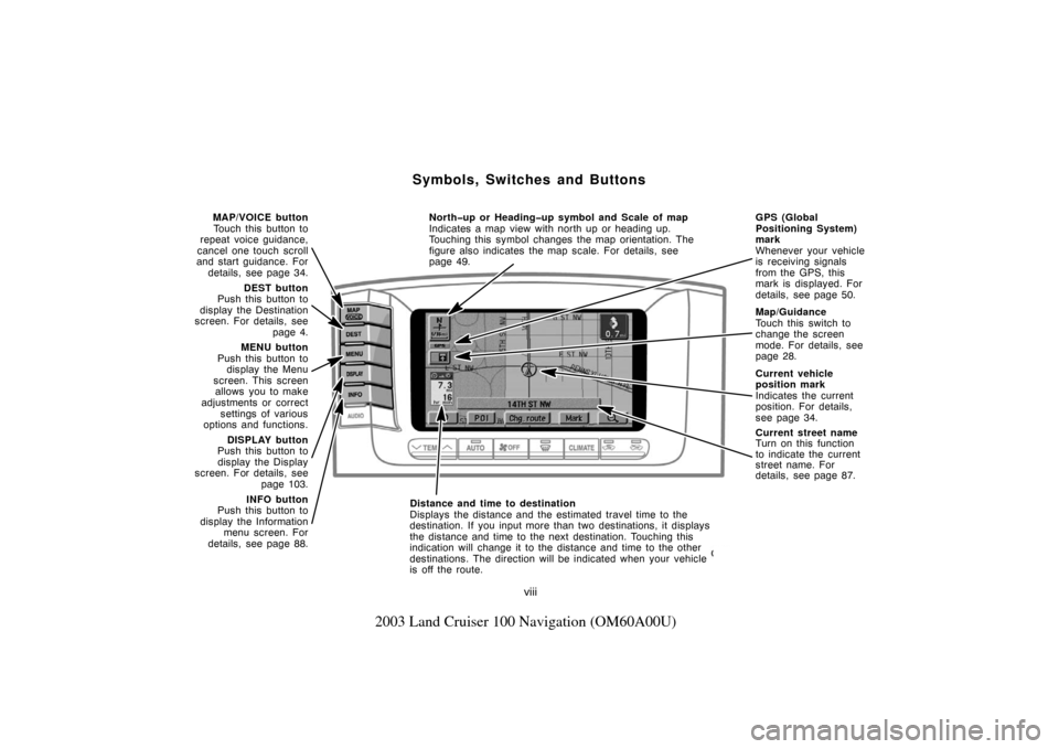 TOYOTA LAND CRUISER 2003 J100 Navigation Manual MAP/VOICE buttonTouch this button to
repeat voice guidance,
cancel one touch scroll
and start guidance. For
details, see page 34.
DEST button
Push this button to
display the Destination
screen. For de