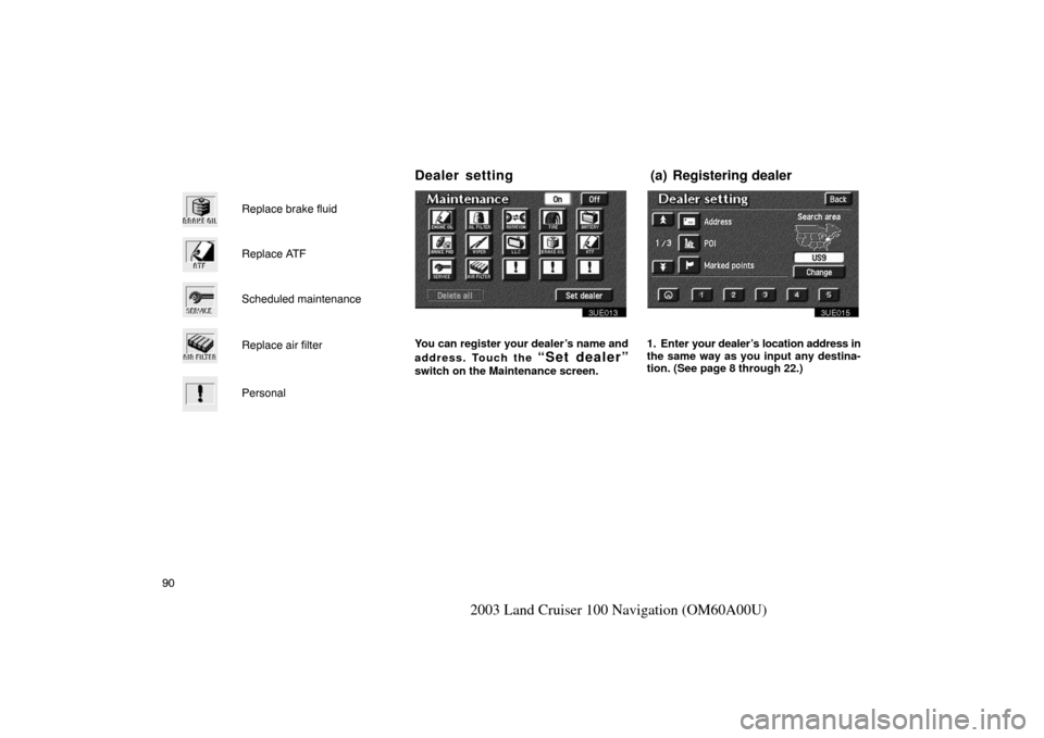 TOYOTA LAND CRUISER 2003 J100 Navigation Manual 90
2003 Land Cruiser 100 Navigation (OM60A00U)
Replace brake fluid
Replace ATF
Scheduled maintenance
Replace air filter
Personal
3UE013
You can register your dealer’s name and
address. Touch the 
�