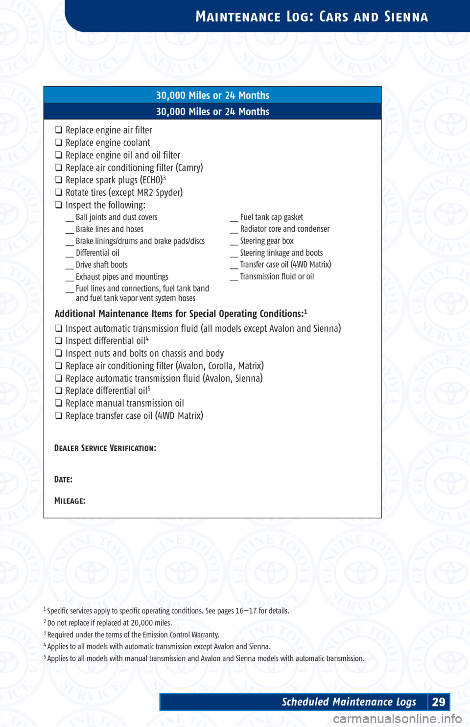 TOYOTA LAND CRUISER 2003 J100 Scheduled Maintenance Guide 1 Specific services apply to specific operating conditions. See pages 16—17 for details.2 Do not replace if replaced at 20,000 miles.3 Required under the terms of the Emission Control Warranty.4 App