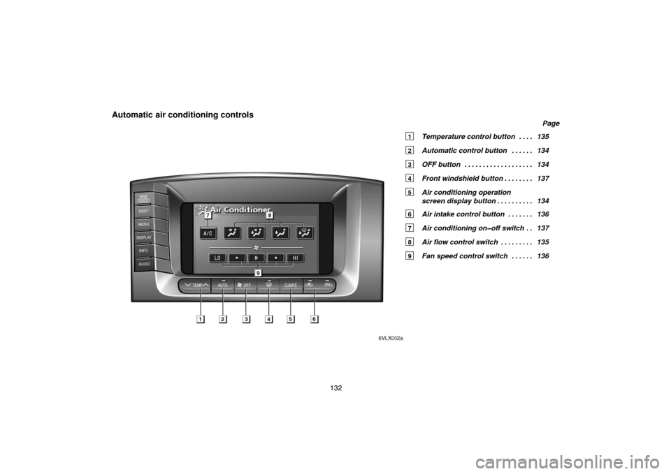 TOYOTA LAND CRUISER 2004 J100 Navigation Manual 132
Automatic air conditioning controls
Page
1 Temperature control button 135. . . . 
2 Automatic control button 134. . . . . . 
3 OFF button 134. . . . . . . . . . . . . . . . . . . 
4 Front windshie