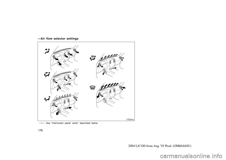 TOYOTA LAND CRUISER 2004 J100 Owners Manual 178
2004 L/C100 from Aug ’03 Prod. (OM60A04U)
—Air flow selector settings
 See “Instrument panel vents” described below.
17C001a 