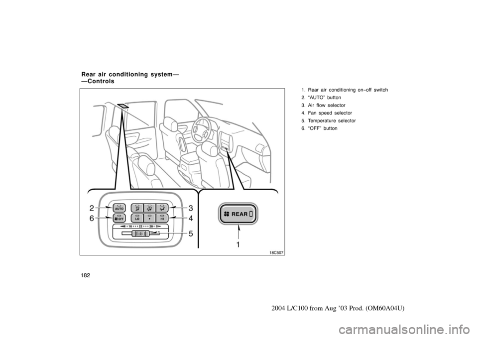 TOYOTA LAND CRUISER 2004 J100 Owners Manual 182
2004 L/C100 from Aug ’03 Prod. (OM60A04U)
1. Rear air conditioning on−off switch
2. “AUTO” button
3. Air flow selector
4. Fan speed selector
5. Temperature selector
6. “OFF” button
Rea