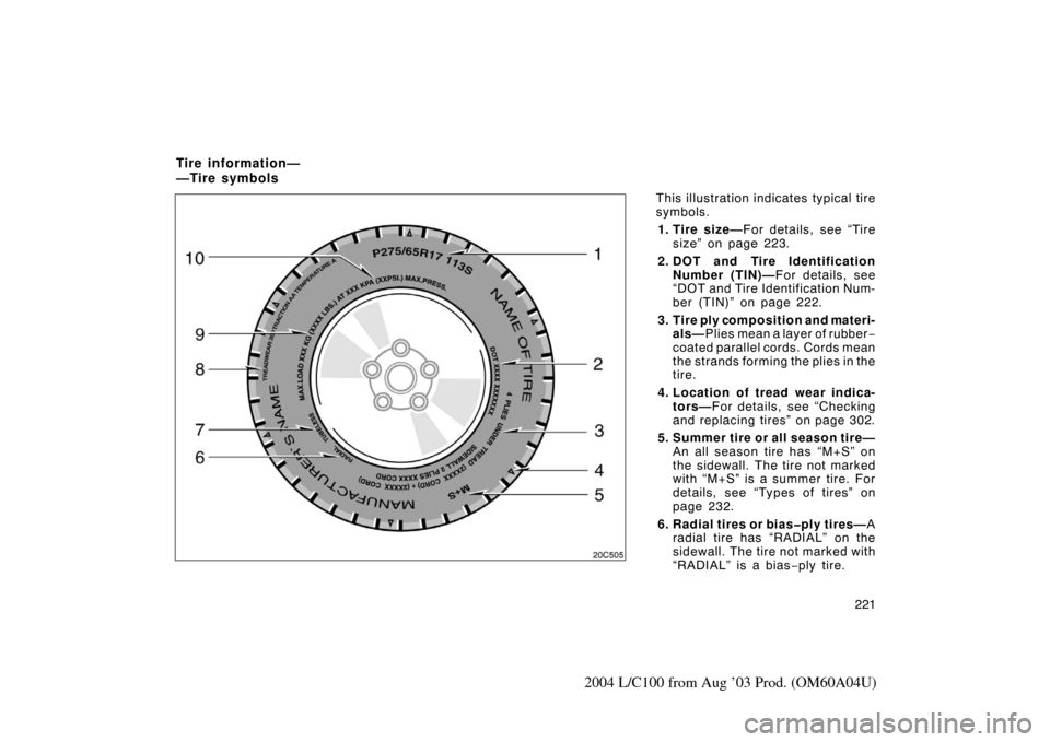 TOYOTA LAND CRUISER 2004 J100 Owners Manual 221
2004 L/C100 from Aug ’03 Prod. (OM60A04U)
This illustration indicates typical tire
symbols.1. Tire size— For details, see “Tire
size” on page 223.
2. DOT and  Tire Identification Number (T
