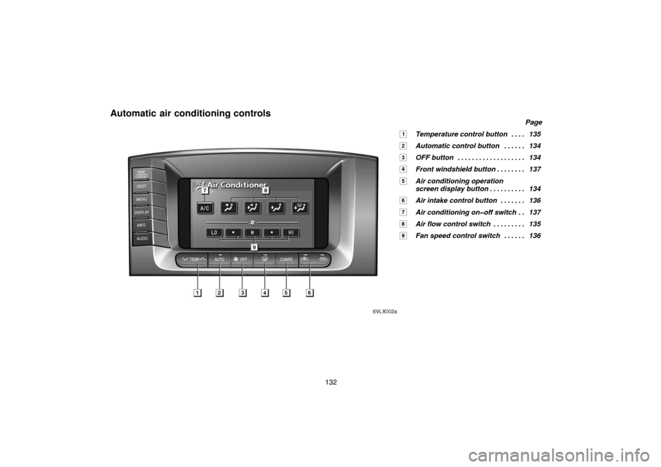 TOYOTA LAND CRUISER 2005 J100 Navigation Manual 132
Automatic air conditioning controls
Page
1Temperature control button 135. . . . 
2Automatic control button 134. . . . . . 
3OFF button 134. . . . . . . . . . . . . . . . . . . 
4Front windshield b