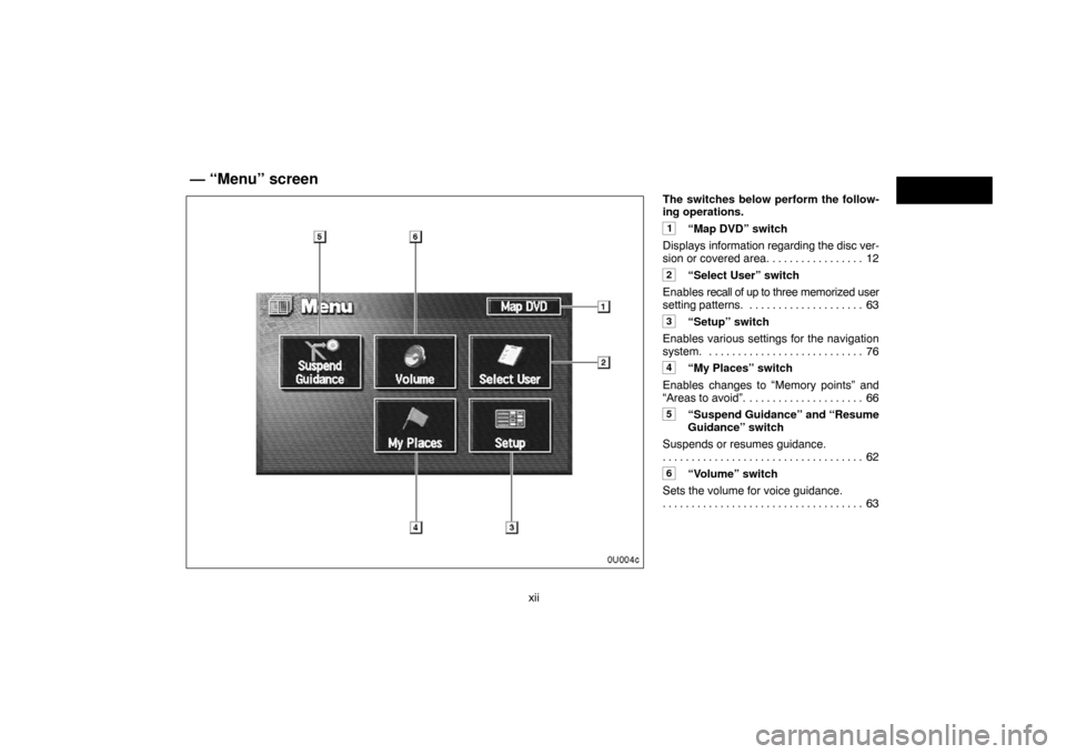 TOYOTA LAND CRUISER 2005 J100 Navigation Manual xiiThe switches below perform the follow-
ing operations.
1“Map DVD” switch
Displays information regarding the disc ver-
sion or covered area. 12. . . . . . . . . . . . . . . . 
2“Select User”