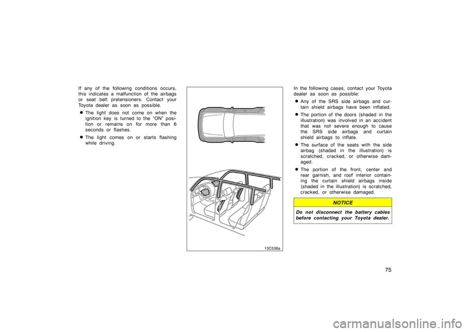 TOYOTA LAND CRUISER 2005 J100 Owners Manual 75
If any of the following conditions occurs,
this indicates a malfunction of  the airbags
or seat belt pretensioners. Contact your
Toyota dealer as soon as possible.
The light does not come on when 