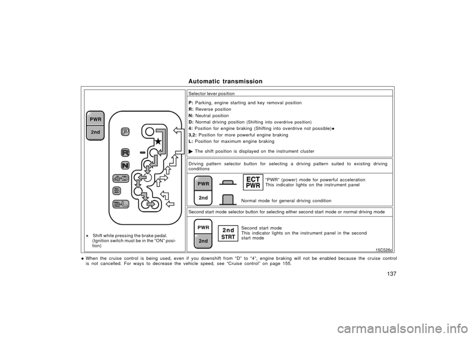 TOYOTA LAND CRUISER 2006 J100 Owners Manual 137
Automatic transmission 
 The shift position is displayed on the instrument cluster
P:
 Parking, engine starting and key removal position
R:  Reverse position
N:  Neutral position
D:  Normal drivi