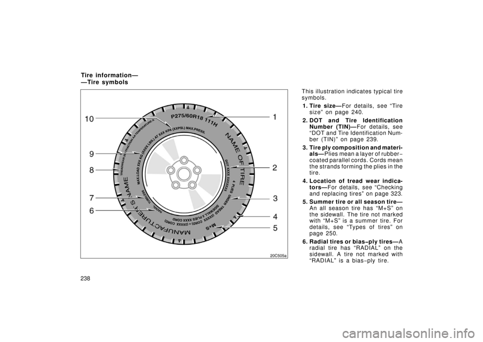 TOYOTA LAND CRUISER 2006 J100 Owners Manual 238This illustration indicates typical tire
symbols.
1. Tire size— For details, see “Tire
size” on page 240.
2. DOT and  Tire Identification Number (TIN)— For details, see
“DOT and Tire Iden
