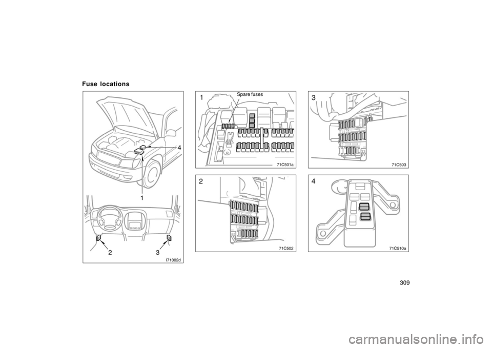 TOYOTA LAND CRUISER 2006 J100 Owners Manual 309
Fuse locations
i71002d
Spare fuses1
Spare fuses
71C510a 