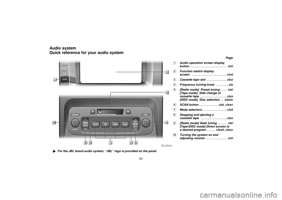 TOYOTA LAND CRUISER 2007 J200 Navigation Manual For the JBL brand audio system, “JBL” logo is provided on the panel.
7ulc001a
clv
Audio system
Quick reference for your audio system
Page
1Audio operation screen display 
button clvi. . . . . . .