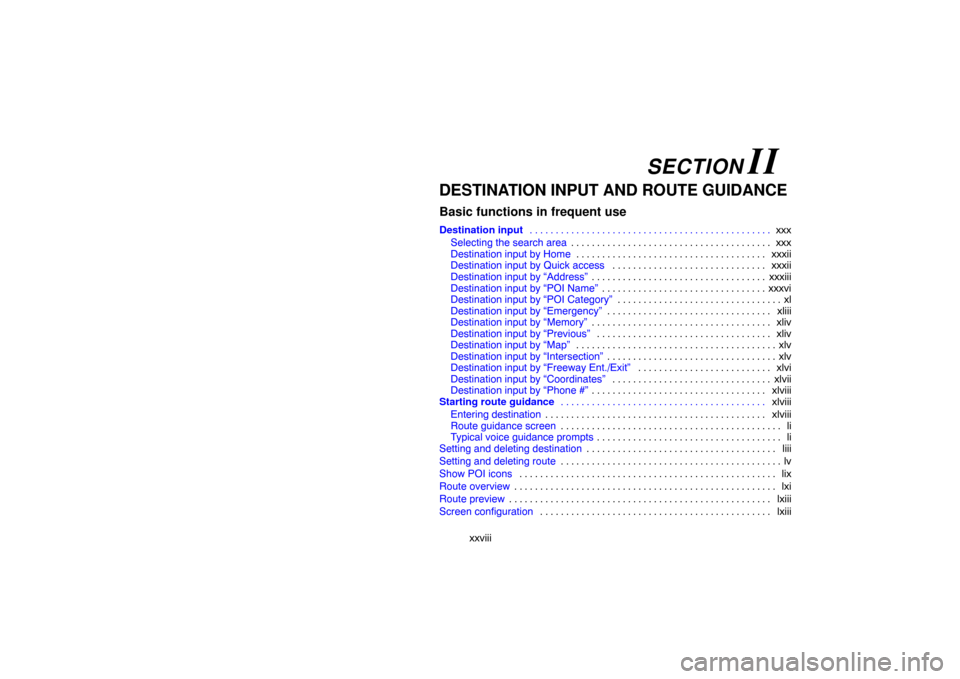 TOYOTA LAND CRUISER 2007 J200 Navigation Manual xxviii
DESTINATION INPUT AND ROUTE GUIDANCE
Basic functions in frequent use
Destination inputxxx . . . . . . . . . . . . . . . . . . . . . . . . . . . . . . . . . . . . . . . . . . . . . . . 
Selectin