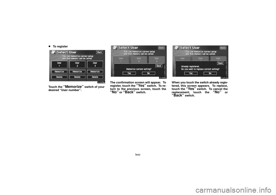 TOYOTA LAND CRUISER 2007 J200 Navigation Manual lxxv
To register
Touch the “Memorize” switch of your
desired “User number”.
The confirmation screen will appear.  To
register, touch the 
“Yes” switch.  To re-
turn to the previous screen