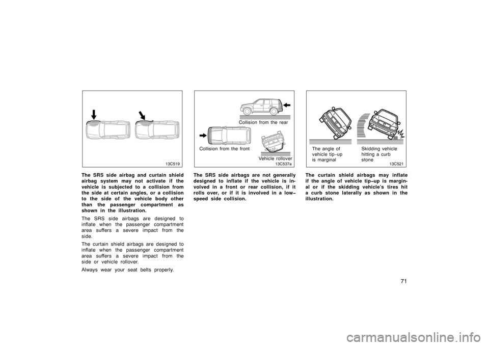 TOYOTA LAND CRUISER 2007 J200 Manual Online 71
The SRS side airbag and curtain shield
airbag system may not activate if the
vehicle is subjected to a collision from
the side at certain angles, or a collision
to the side of  the vehicle body oth