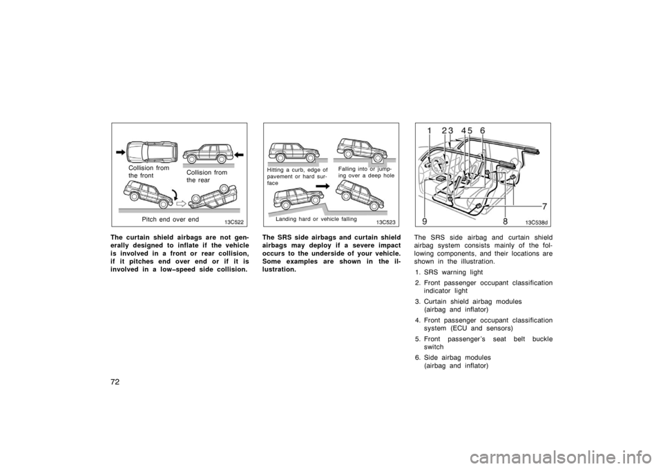 TOYOTA LAND CRUISER 2007 J200 Manual Online 72
Collision from
the frontCollision from
the rear
Pitch end over end
The curtain shield airbags are not gen-
erally designed to inflate if the vehicle
is involved in a front or  rear collision,
if it