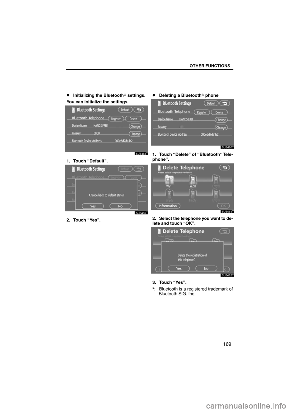 TOYOTA LAND CRUISER 2008 J200 Navigation Manual OTHER FUNCTIONS
169 
Initializing the Bluetooth settings.
You can initialize the settings.
1. Touch “Default”.
2. Touch “Yes”.
Deleting a Bluetooth phone
1. Touch “Delete” of “Blueto