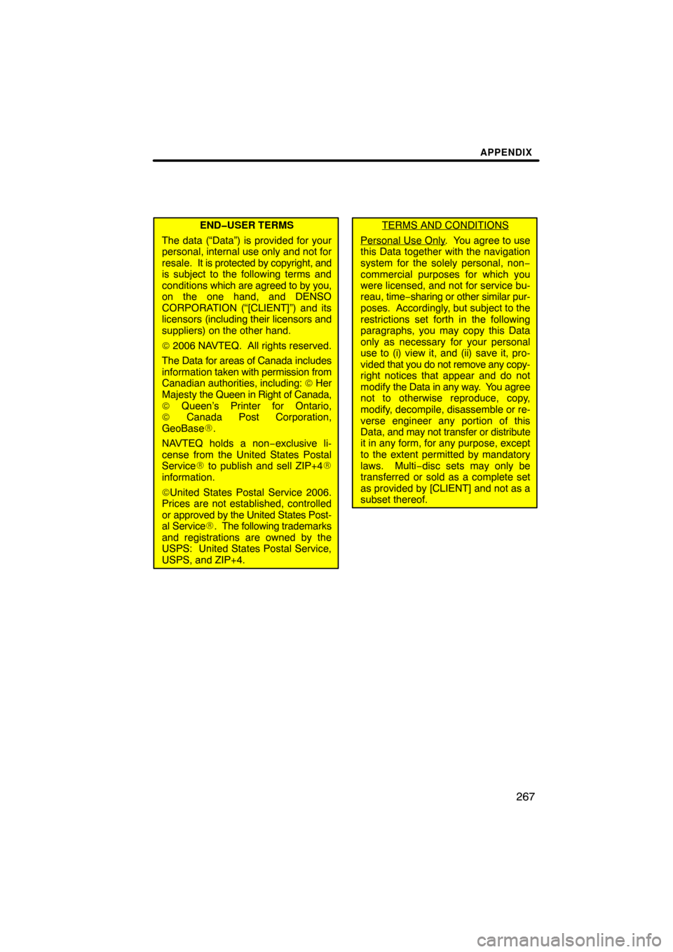 TOYOTA LAND CRUISER 2008 J200 Navigation Manual APPENDIX
267
END�USER TERMS
The data (“Data”) is provided for your
personal, internal use only and not for
resale.  It is protected by copyright, and
is subject to the following terms and
conditio