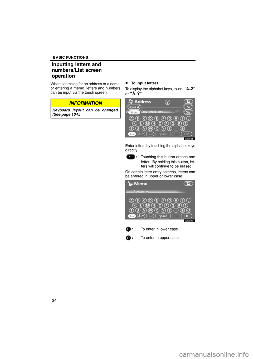 TOYOTA LAND CRUISER 2008 J200 Navigation Manual BASIC FUNCTIONS
24
When searching for an address or a name,
or entering a memo, letters and numbers
can be input via the touch screen.
INFORMATION
Keyboard layout can be changed.
(See page 104.)
To i