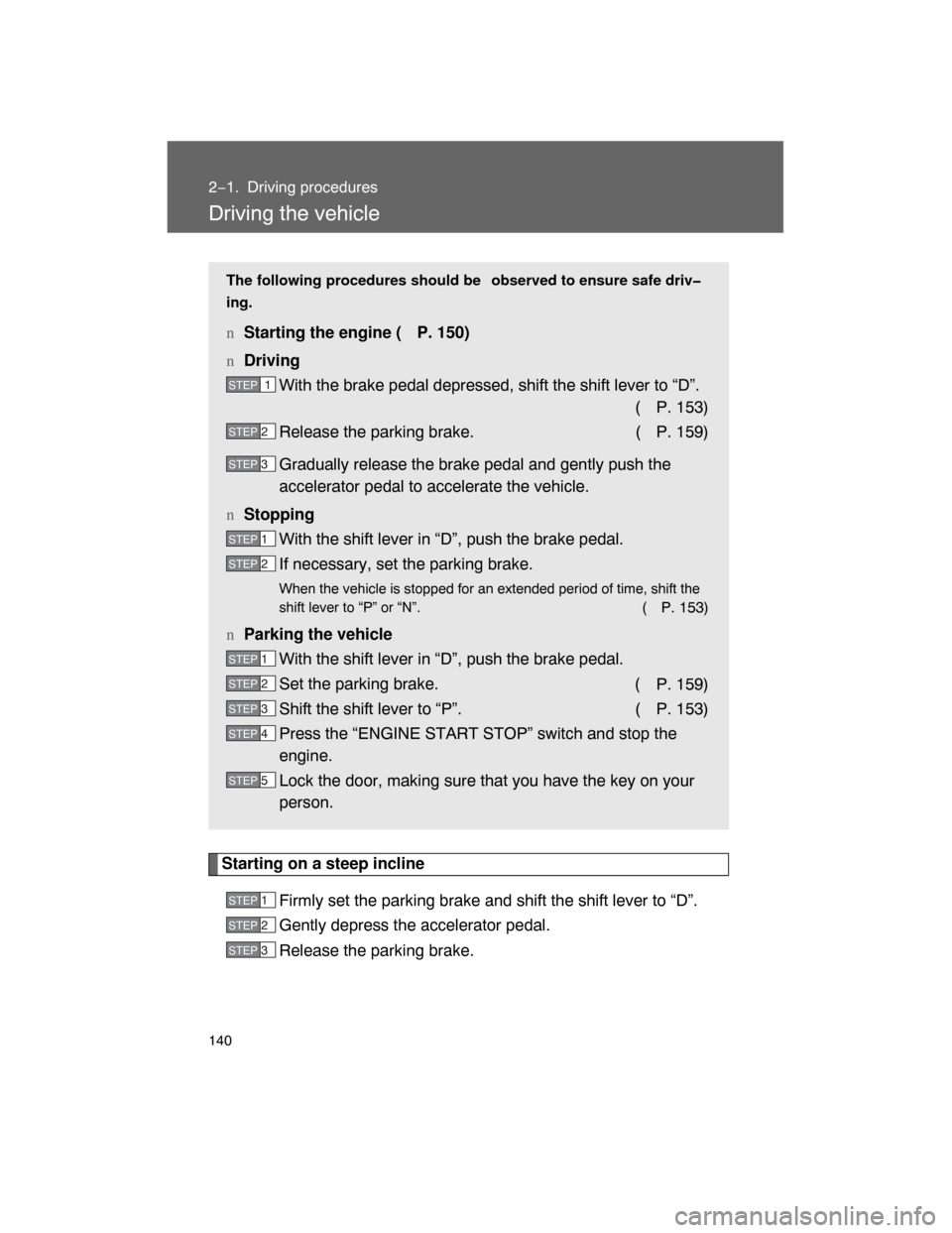 TOYOTA LAND CRUISER 2008 J200 Owners Manual 140
2−1. Driving procedures
Driving the vehicle
Starting on a steep incline
Firmly set the parking brake and shift the shift lever to “D”.
Gently depress the accelerator pedal.
Release the parki TOYOTA LAND CRUISER 2008 J200 Owners Manual 140
2−1. Driving procedures
Driving the vehicle
Starting on a steep incline
Firmly set the parking brake and shift the shift lever to “D”.
Gently depress the accelerator pedal.
Release the parki