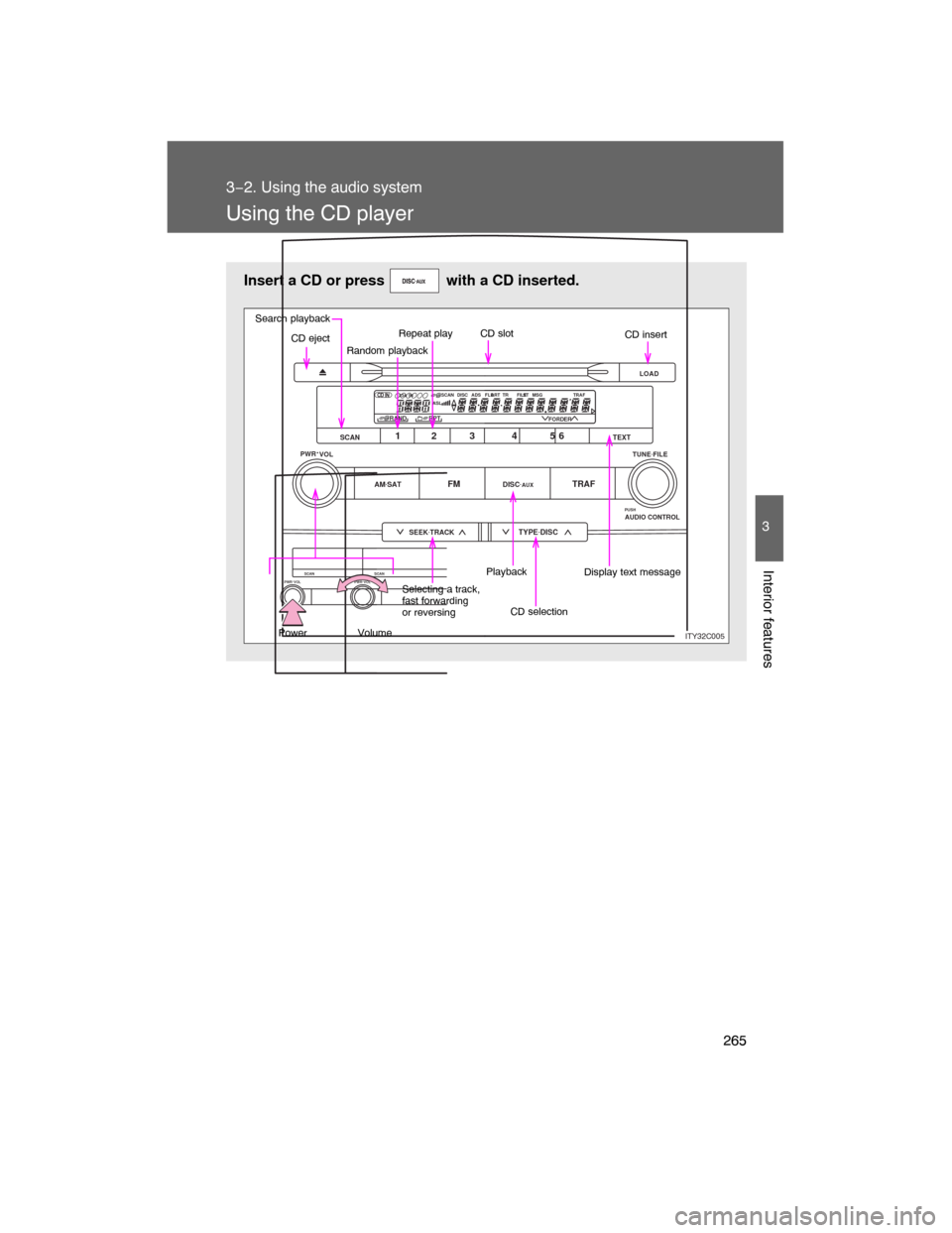 TOYOTA LAND CRUISER 2008 J200 Owners Manual 265
3−2. Using the audio system
3
Interior features
Using the CD player
Insert a CD or press   with a CD inserted.
LOAD
TYPEDISCSEEKTRACK
AMSATFMDISCAUXTRAF
12 3 4 56
TUNEFILE
PUSHAUDIO CONTROL