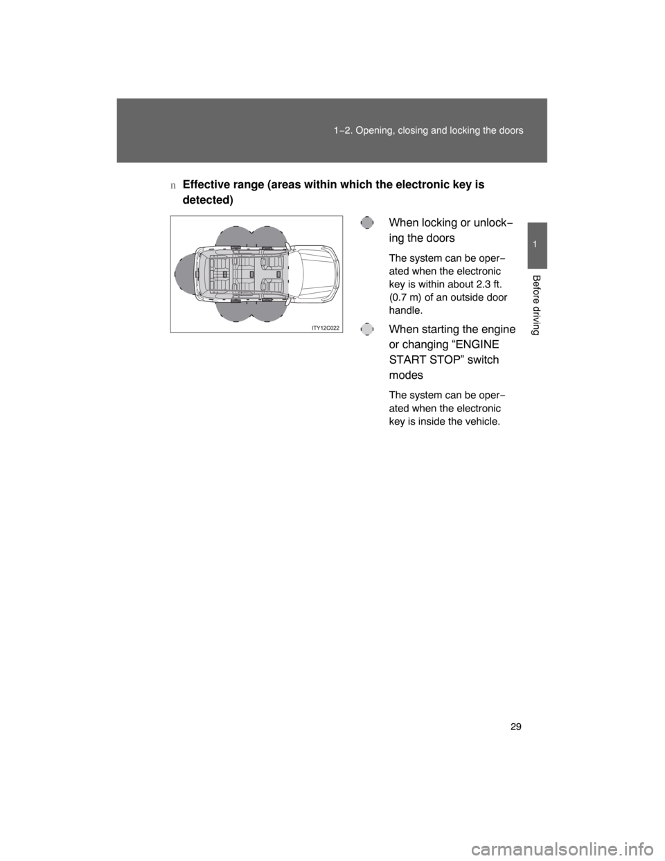 TOYOTA LAND CRUISER 2008 J200 Owners Manual 29
1−2. Opening, closing and locking the doors
1
Before driving
nEffective range (areas within which the electronic key is
detected)
When locking or unlock−
ing the doors
The system can be oper−