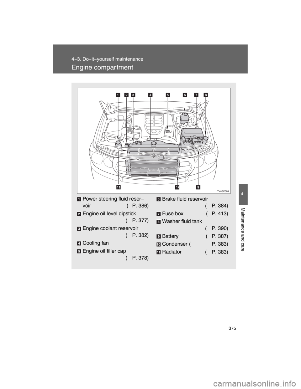 TOYOTA LAND CRUISER 2008 J200 User Guide 375
4−3. Do−it−yourself maintenance
4
Maintenance and care
Engine compar tment
Power steering fluid reser−
voir ( P. 386)
Engine oil level dipstick
(P. 377)
Engine coolant reservoir
(P. 382)
C