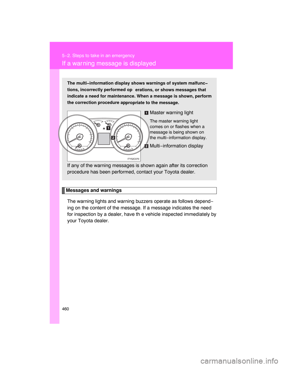 TOYOTA LAND CRUISER 2008 J200 Owners Manual 460
5−2. Steps to take in an emergency
If a war ning message is displayed
Messages and warnings
The warning lights and warning buzzers operate as follows depend−
ing on the content of the message.