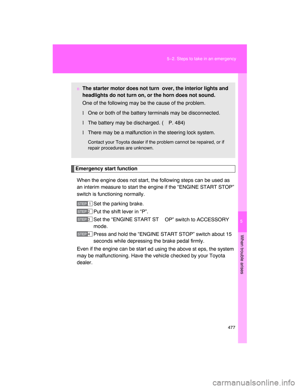 TOYOTA LAND CRUISER 2008 J200 Owners Manual 5
When trouble arises
477 5−2. Steps to take in an emergency
Emergency start function
When the engine does not start, the following steps can be used as
an interim measure to start the engine if the TOYOTA LAND CRUISER 2008 J200 Owners Manual 5
When trouble arises
477 5−2. Steps to take in an emergency
Emergency start function
When the engine does not start, the following steps can be used as
an interim measure to start the engine if the