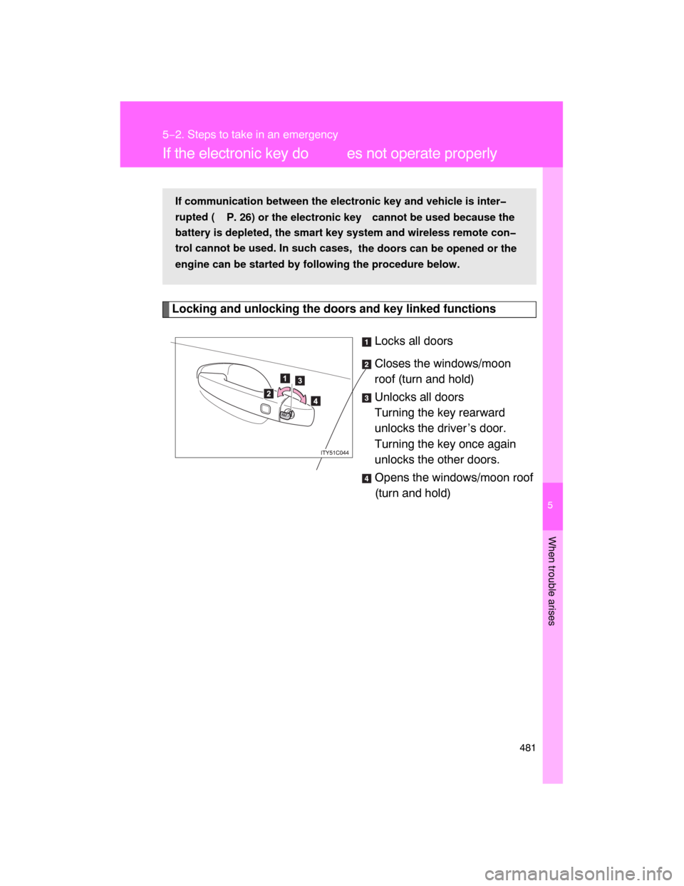 TOYOTA LAND CRUISER 2008 J200 Owners Manual 5
When trouble arises
481
5−2. Steps to take in an emergency
If the electronic key does not operate properly
Locking and unlocking the doors and key linked functions
Locks all doors
Closes the windo TOYOTA LAND CRUISER 2008 J200 Owners Manual 5
When trouble arises
481
5−2. Steps to take in an emergency
If the electronic key does not operate properly
Locking and unlocking the doors and key linked functions
Locks all doors
Closes the windo