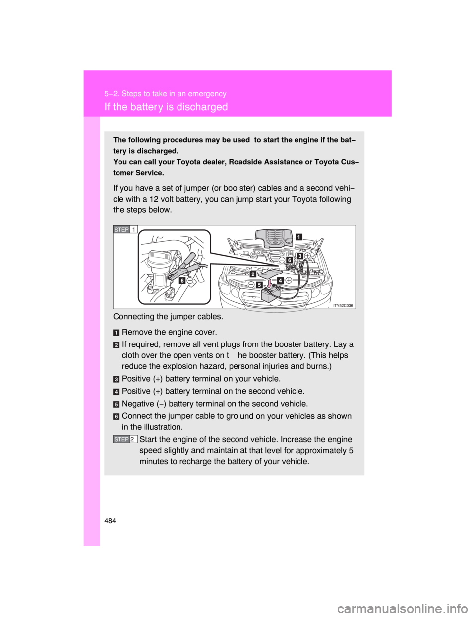 TOYOTA LAND CRUISER 2008 J200 Owners Manual 484
5−2. Steps to take in an emergency
If the batter y is discharged
The following procedures may be used  to start the engine if the bat�
tery is discharged.
You can call your Toyota dealer, Roadsi