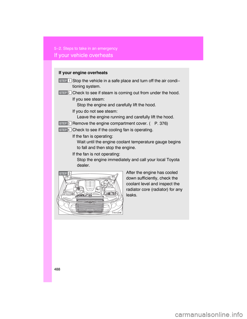 TOYOTA LAND CRUISER 2008 J200 Owners Manual 488
5−2. Steps to take in an emergency
If your vehicle overheats
If your engine overheats
Stop the vehicle in a safe place and turn off the air condi−
tioning system.
Check to see if steam is comi