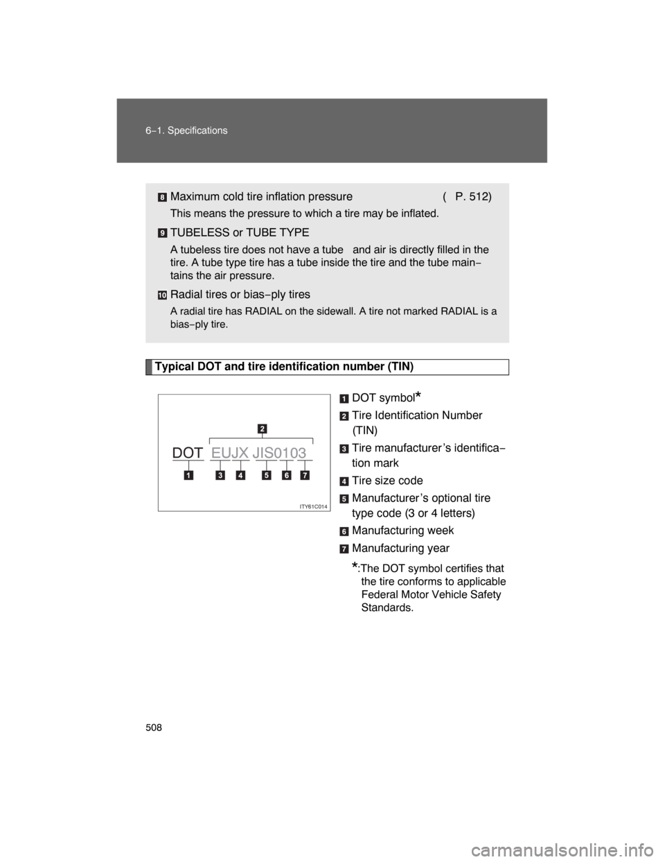 TOYOTA LAND CRUISER 2008 J200 Owners Manual 508 6−1. Specifications
Typical DOT and tire identification number (TIN)
DOT symbol
*
Tire Identification Number
(TIN)
Tire manufacturer ’s identifica−
tion mark
Tire size code
Manufacturer ’s