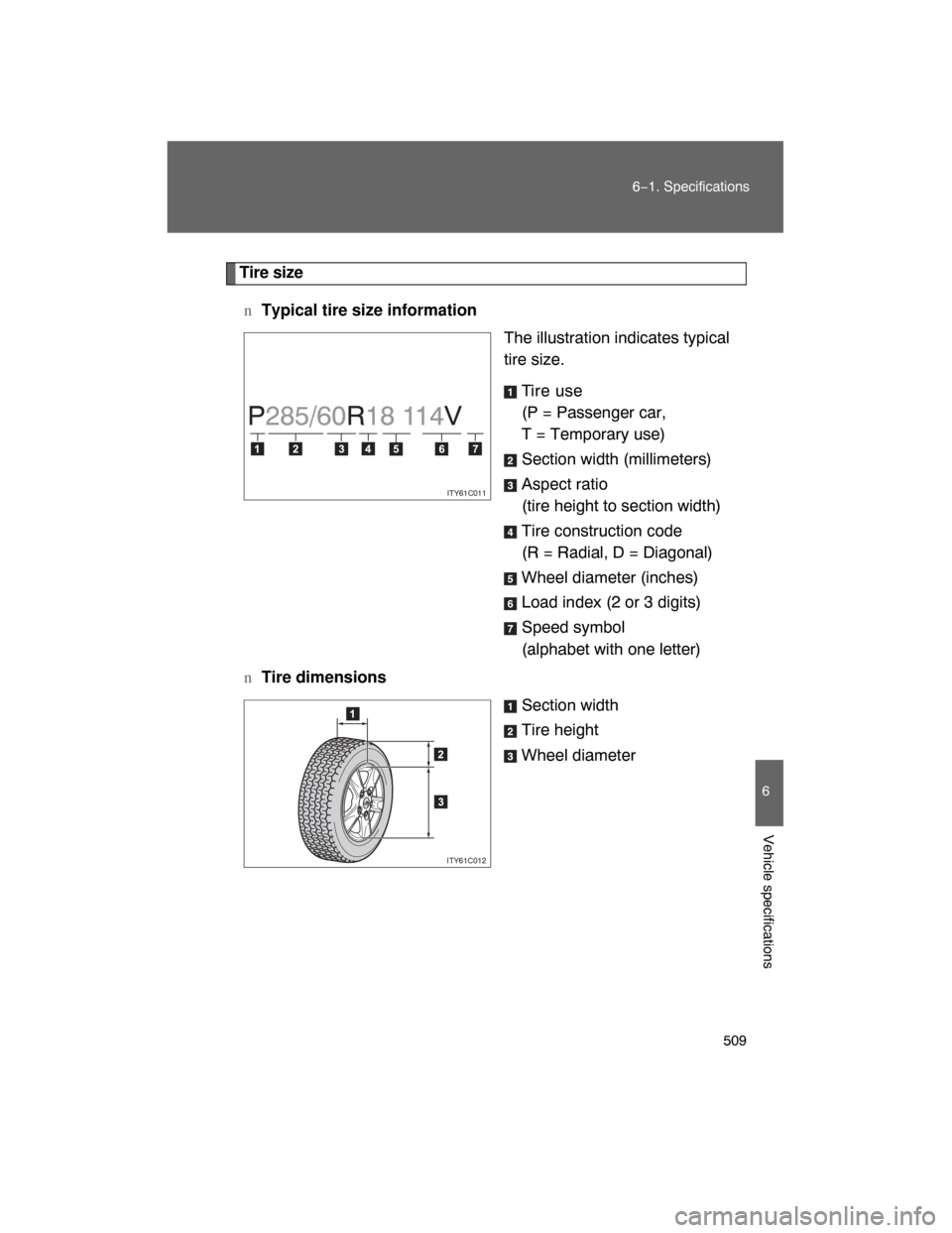 TOYOTA LAND CRUISER 2008 J200 Owners Manual 509
6−1. Specifications
6
Vehicle specifications
Tire size
nTypical tire size information
The illustration indicates typical
tire size.
Ti r e  u s e
(P = Passenger car,
T = Temporary use)
Section w