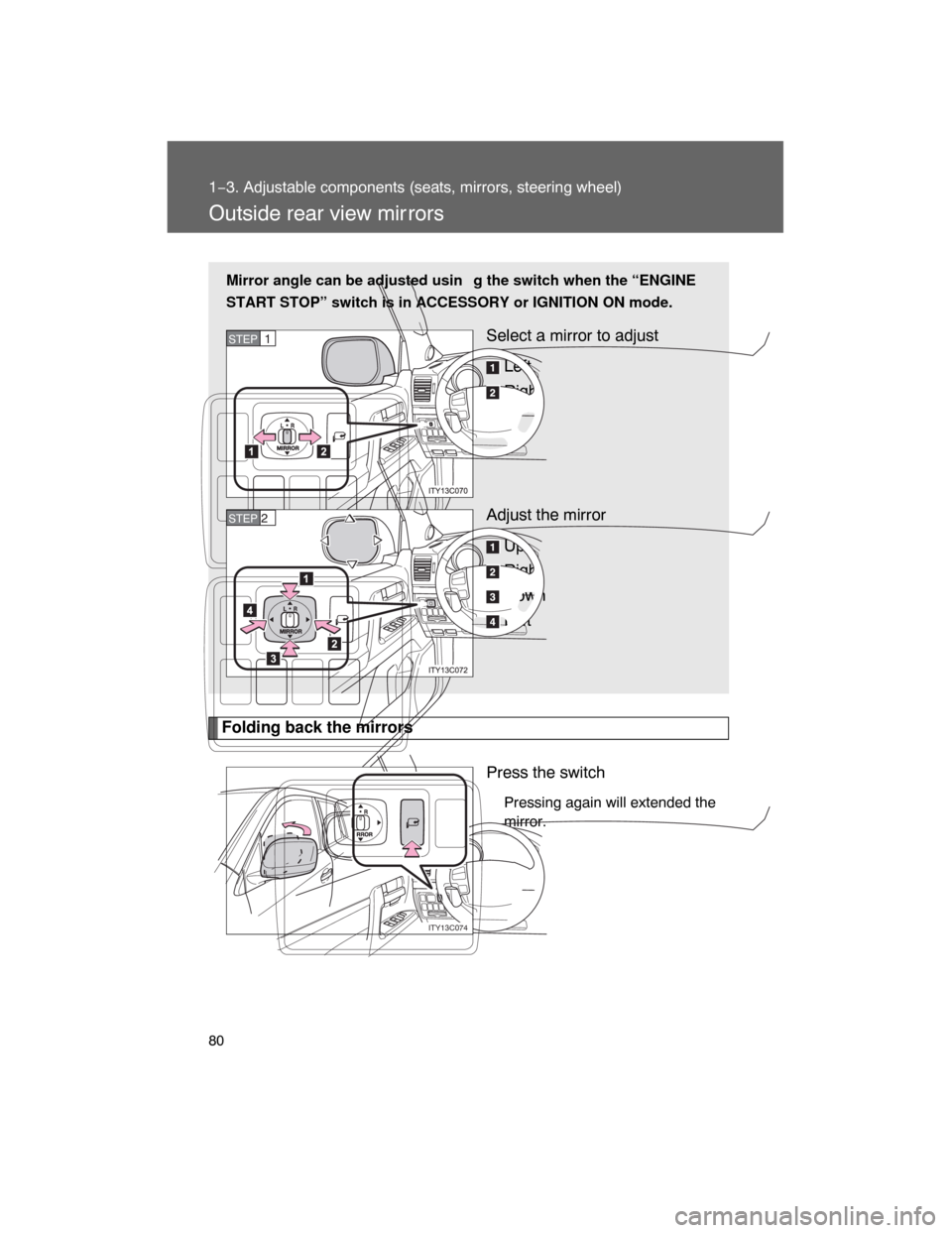 TOYOTA LAND CRUISER 2008 J200 Manual PDF 80
1−3. Adjustable components (seats, mirrors, steering wheel)
Outside rear view mir rors
Folding back the mirrors
Press the switch
Pressing again will extended the
mirror. Mirror angle can be adjus