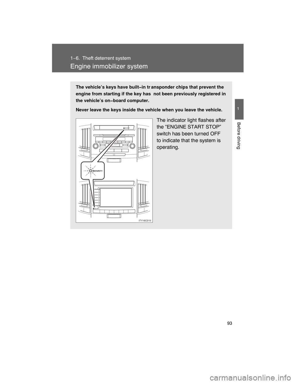 TOYOTA LAND CRUISER 2008 J200 Owners Manual 93
1
Before driving
1−6. Theft deterrent system
Engine immobilizer system
The vehicle’s keys have built�in tr ansponder chips that prevent the
engine from starting if the key has  not been previou