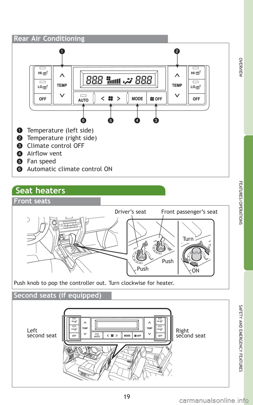 TOYOTA LAND CRUISER 2008 J200 Quick Reference Guide 19
OVERVIEW
FEATURES/OPERATIONS
SAFETY AND EMERGENCY FEATURES
Rear Air Conditioning
Temperature (left side)
Temperature (right side)
Climate control OFF
Airflow vent
Fan speed
Automatic climate contro