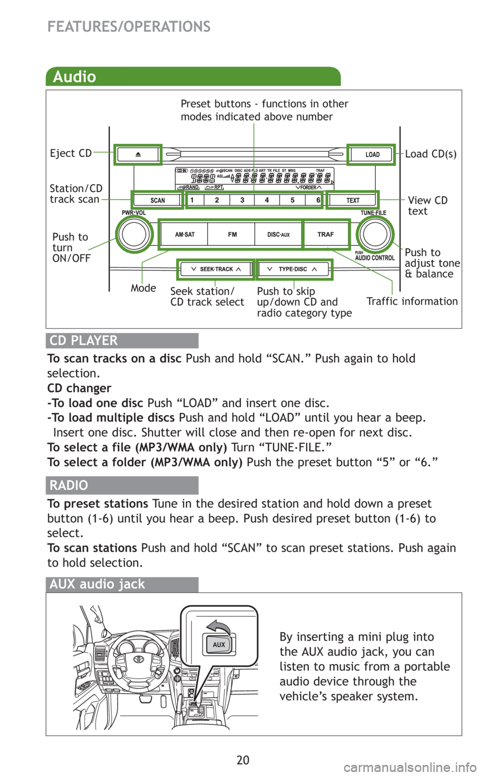 TOYOTA LAND CRUISER 2008 J200 Quick Reference Guide 20
FEATURES/OPERATIONS
Audio
RADIO
To preset stations Tune in the desired station and hold down a preset
button (1-6) until you hear a beep. Push desired preset button (1-6) to
select.
To scan station TOYOTA LAND CRUISER 2008 J200 Quick Reference Guide 20
FEATURES/OPERATIONS
Audio
RADIO
To preset stations Tune in the desired station and hold down a preset
button (1-6) until you hear a beep. Push desired preset button (1-6) to
select.
To scan station