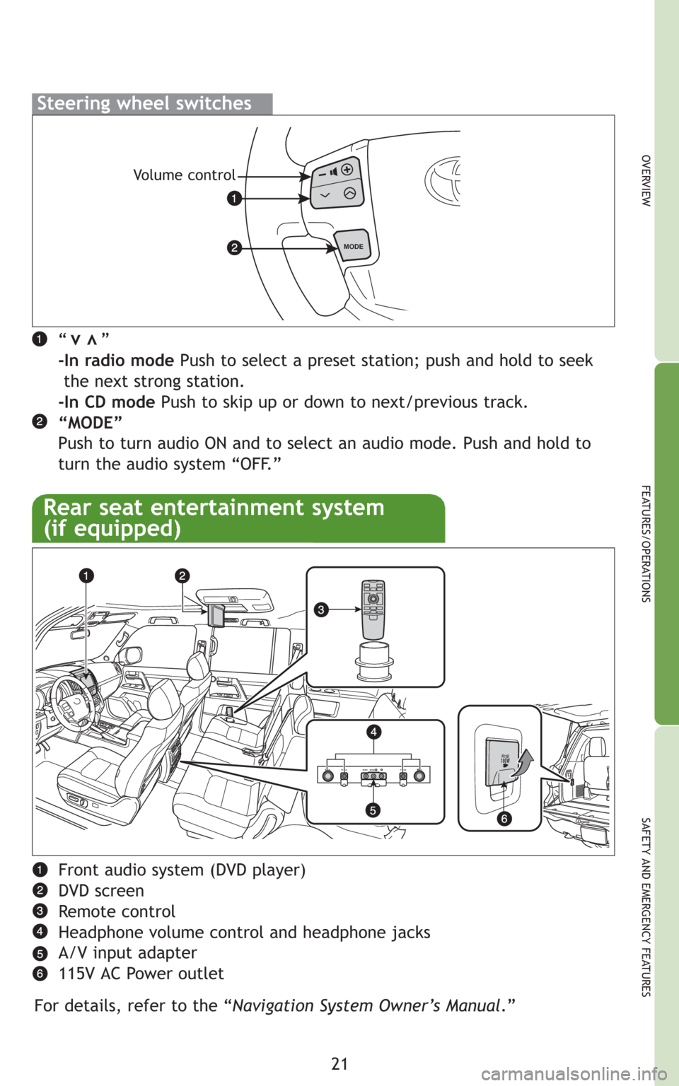 TOYOTA LAND CRUISER 2008 J200 Quick Reference Guide 21
OVERVIEW
FEATURES/OPERATIONS
SAFETY AND EMERGENCY FEATURES
“      ”
-In radio modePush to select a preset station; push and hold to seek
the next strong station.
-In CD modePush to skip up or d