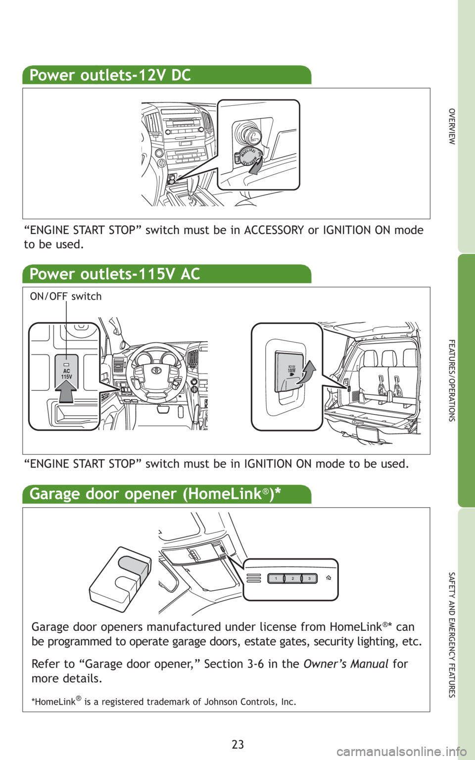 TOYOTA LAND CRUISER 2008 J200 Quick Reference Guide 23
OVERVIEW
FEATURES/OPERATIONS
SAFETY AND EMERGENCY FEATURES
Power outlets-12V DC
“ENGINE START STOP” switch must be in ACCESSORY or IGNITION ON mode
to be used.
Power outlets-115V AC
AC
115VAC11