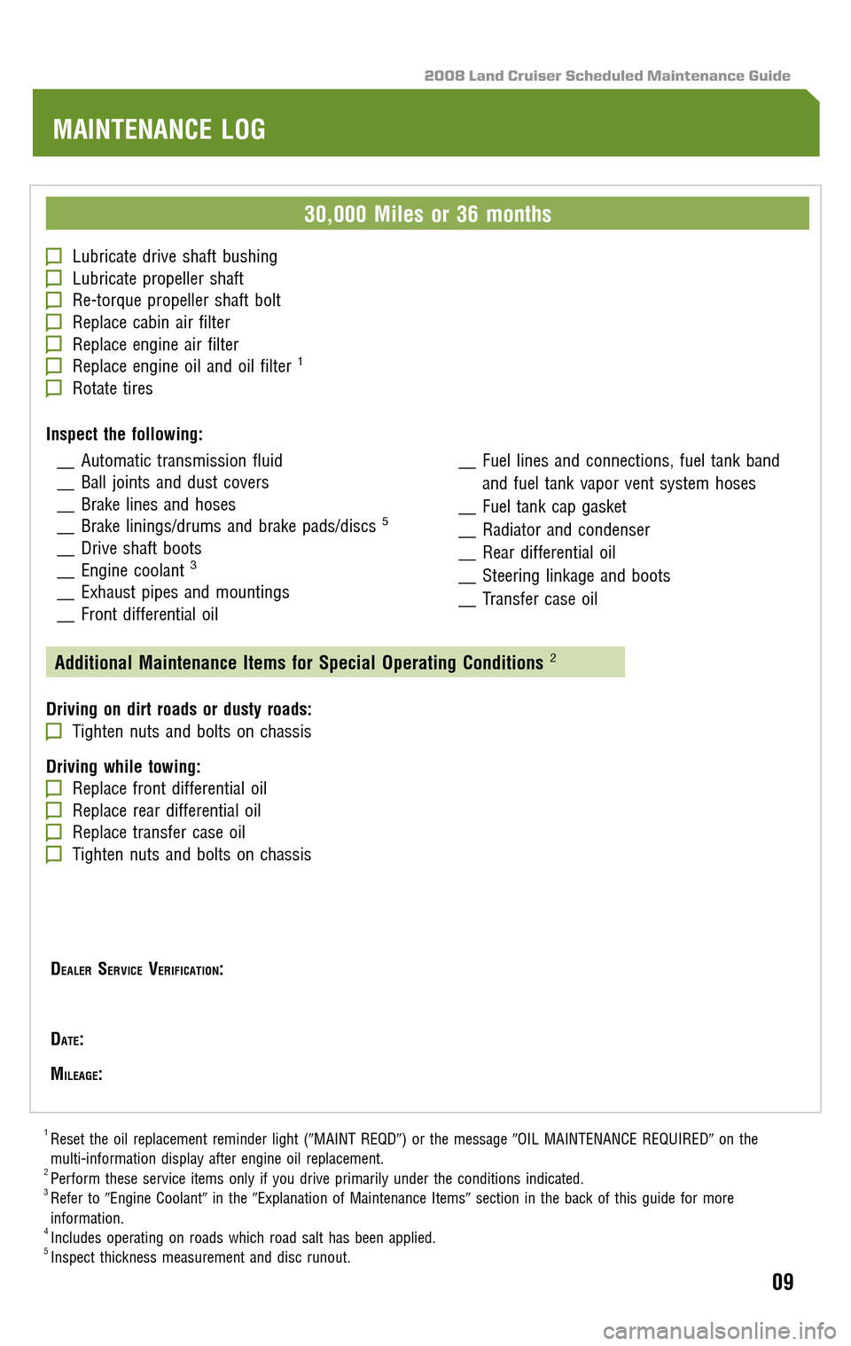 TOYOTA LAND CRUISER 2008 J200 Scheduled Maintenance Guide 2008 Land Cruiser Scheduled Maintenance Guide
30,000 Miles or 36 months
Lubricate drive shaft bushingLubricate propeller shaftRe-torque propeller shaft boltReplace cabin air filterReplace engine air f