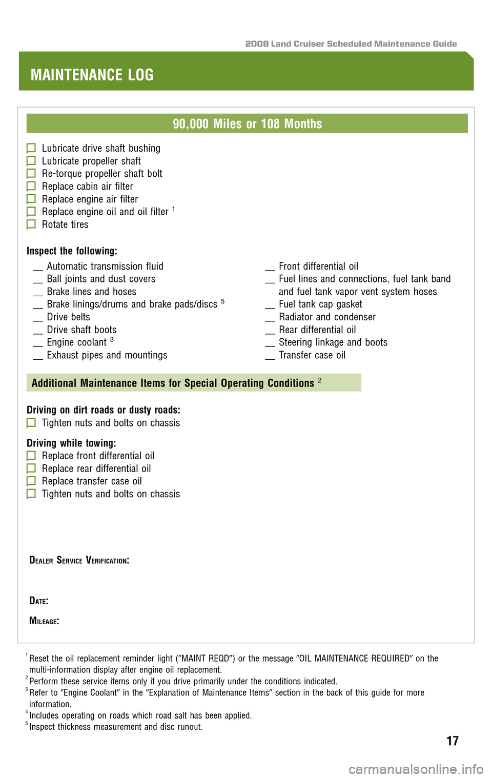 TOYOTA LAND CRUISER 2008 J200 Scheduled Maintenance Guide 2008 Land Cruiser Scheduled Maintenance Guide
90,000 Miles or 108 Months
Lubricate drive shaft bushingLubricate propeller shaftRe-torque propeller shaft boltReplace cabin air filterReplace engine air 