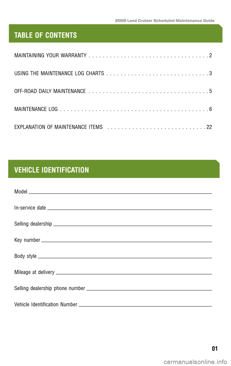 TOYOTA LAND CRUISER 2008 J200 Scheduled Maintenance Guide 2008 Land Cruiser Scheduled Maintenance Guide
MAINTAINING YOUR WARRANTY..................................2 
USING THE MAINTENANCE LOG CHARTS  .............................3 
OFF-ROAD DAILY MAINTENANCE