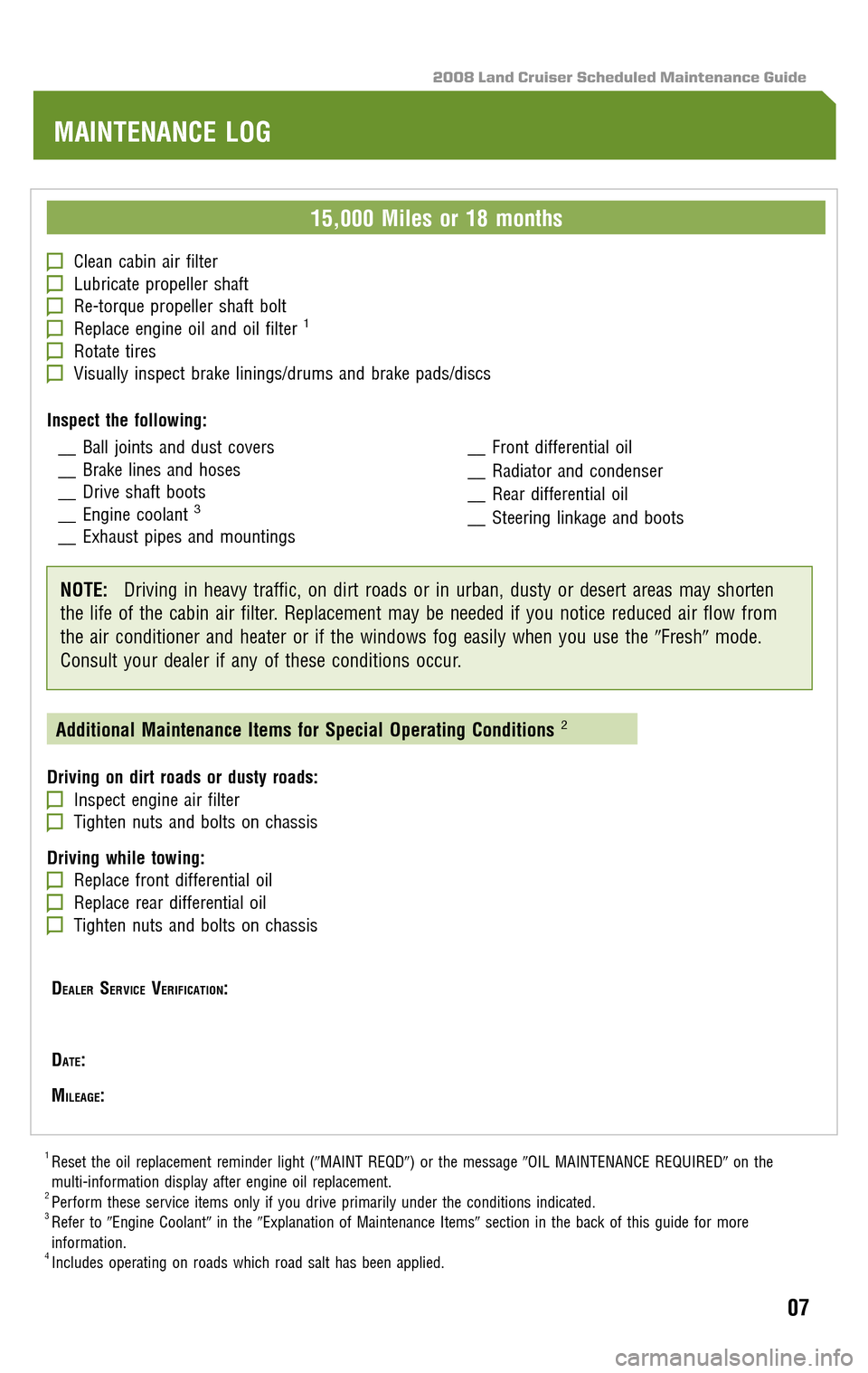 TOYOTA LAND CRUISER 2008 J200 Scheduled Maintenance Guide 2008 Land Cruiser Scheduled Maintenance Guide
15,000 Miles or 18 months
Clean cabin air filterLubricate propeller shaftRe-torque propeller shaft boltReplace engine oil and oil filter1
Rotate tiresVisu