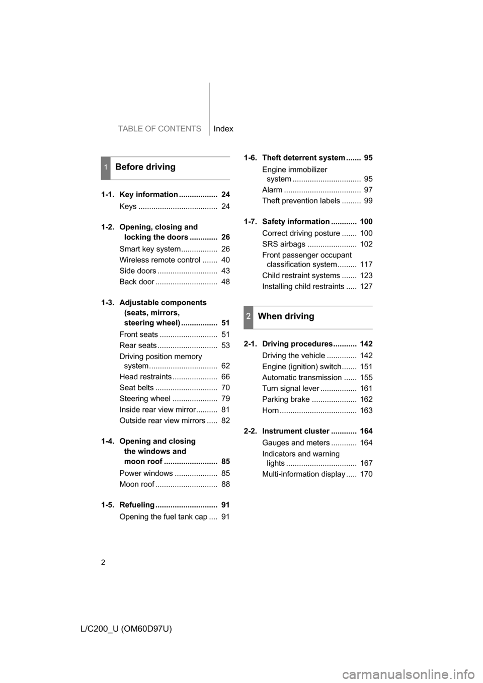 TOYOTA LAND CRUISER 2009 J200 Owners Manual TABLE OF CONTENTSIndex
2
L/C200_U (OM60D97U)
1-1. Key information ..................  24Keys .....................................  24
1-2. Opening, closing  and
locking the doors .............  26
Sm