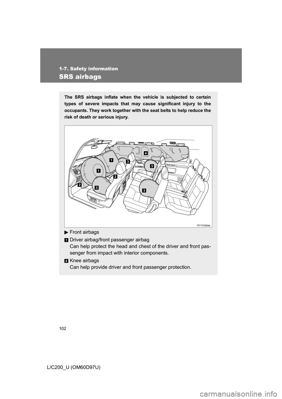 TOYOTA LAND CRUISER 2009 J200 Owners Manual 102
1-7. Safety information
L/C200_U (OM60D97U)
SRS airbags
The SRS airbags inflate when the vehicle is subjected to certain
types of severe impacts that may cause significant injury to the
occupants TOYOTA LAND CRUISER 2009 J200 Owners Manual 102
1-7. Safety information
L/C200_U (OM60D97U)
SRS airbags
The SRS airbags inflate when the vehicle is subjected to certain
types of severe impacts that may cause significant injury to the
occupants