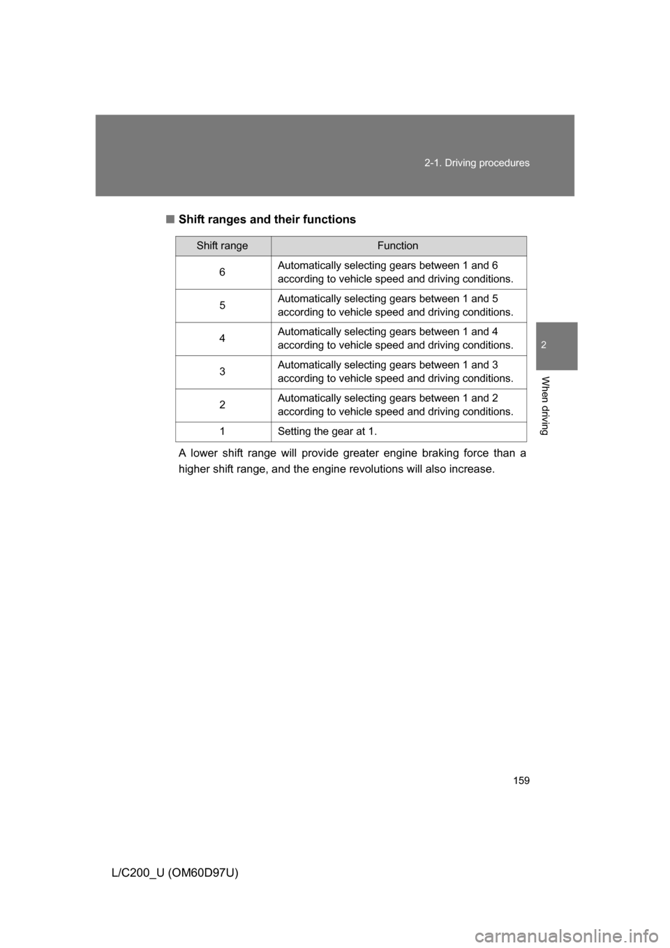 TOYOTA LAND CRUISER 2009 J200 Owners Manual 159
2-1. Driving procedures
2
When driving
L/C200_U (OM60D97U)
■
Shift ranges and their functions
A lower shift range will provide great er engine braking force than a
higher shift range, and the en